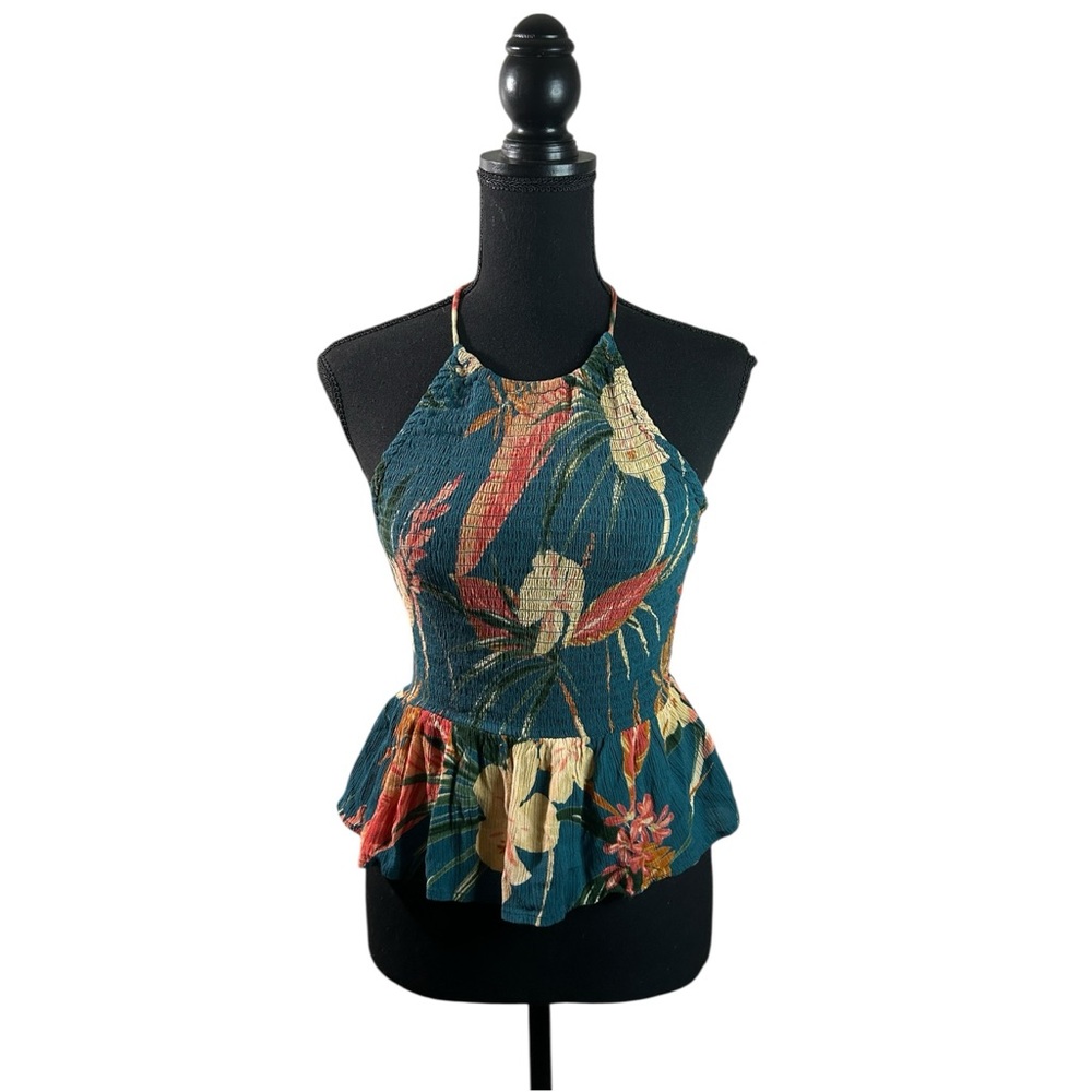 Fairy-core Whimsical Floral Cute Cozy Cinched Stretch Teal Peplum Halter Top S